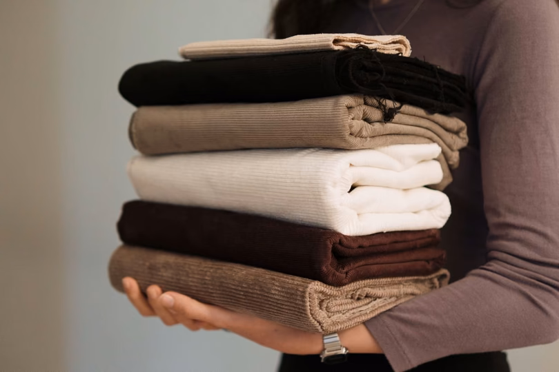 Folded fabric stack being reviewed for quality